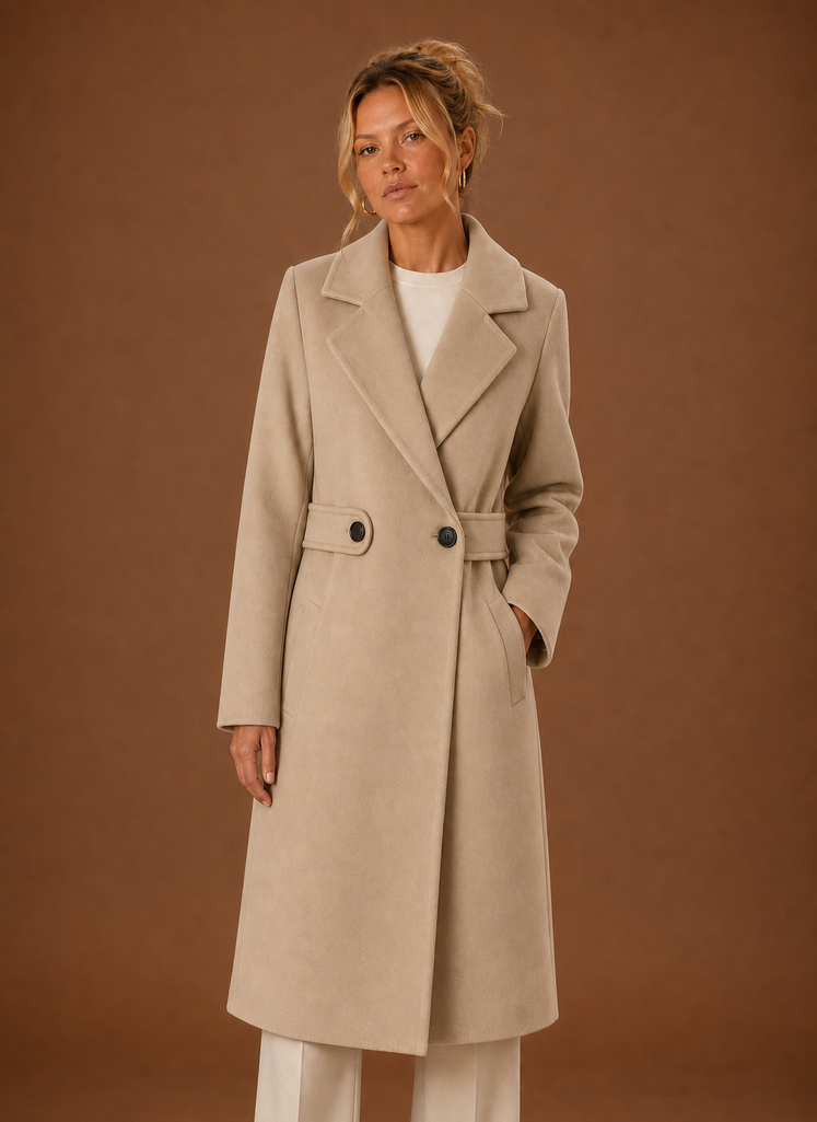 Women's mid-length tailored trench coat in classic beige, perfect for everyday wear, featuring a belted waist and stylish lapels, ideal for layering in any 0