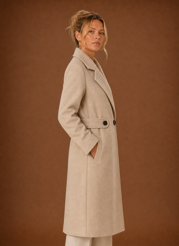 Women's mid-length tailored trench coat in classic beige, perfect for everyday wear, featuring a belted waist and stylish lapels, ideal for layering in any 1