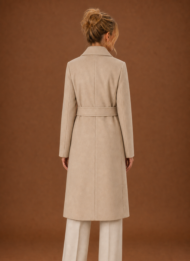 Women's mid-length tailored trench coat in classic beige, perfect for everyday wear, featuring a belted waist and stylish lapels, ideal for layering in any 2
