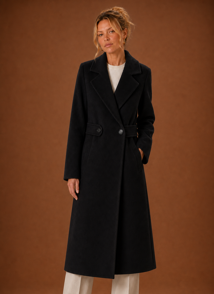 Women's mid-length tailored trench coat in classic beige, perfect for everyday wear, featuring a belted waist and stylish lapels, ideal for layering in any 4