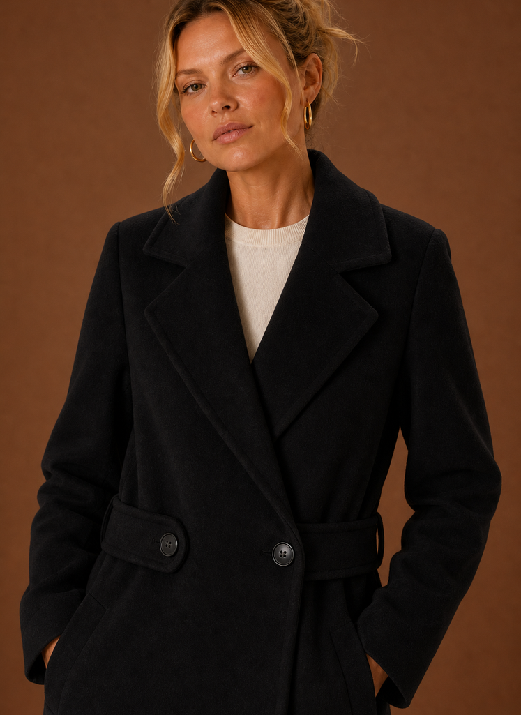 Women's mid-length tailored trench coat in classic beige, perfect for everyday wear, featuring a belted waist and stylish lapels, ideal for layering in any 7