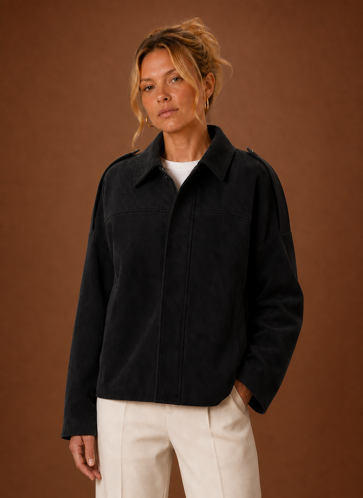 Women's oversized suede jacket featuring a relaxed fit, perfect for versatile layering in any season. 2