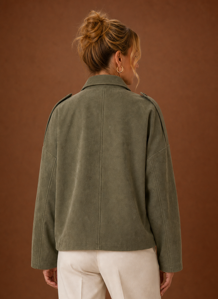 Women's oversized suede jacket featuring a relaxed fit, perfect for versatile layering in any season. 3