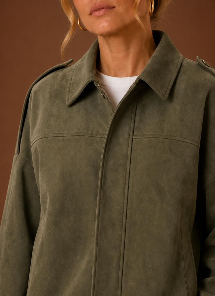 Women's oversized suede jacket featuring a relaxed fit, perfect for versatile layering in any season. 4