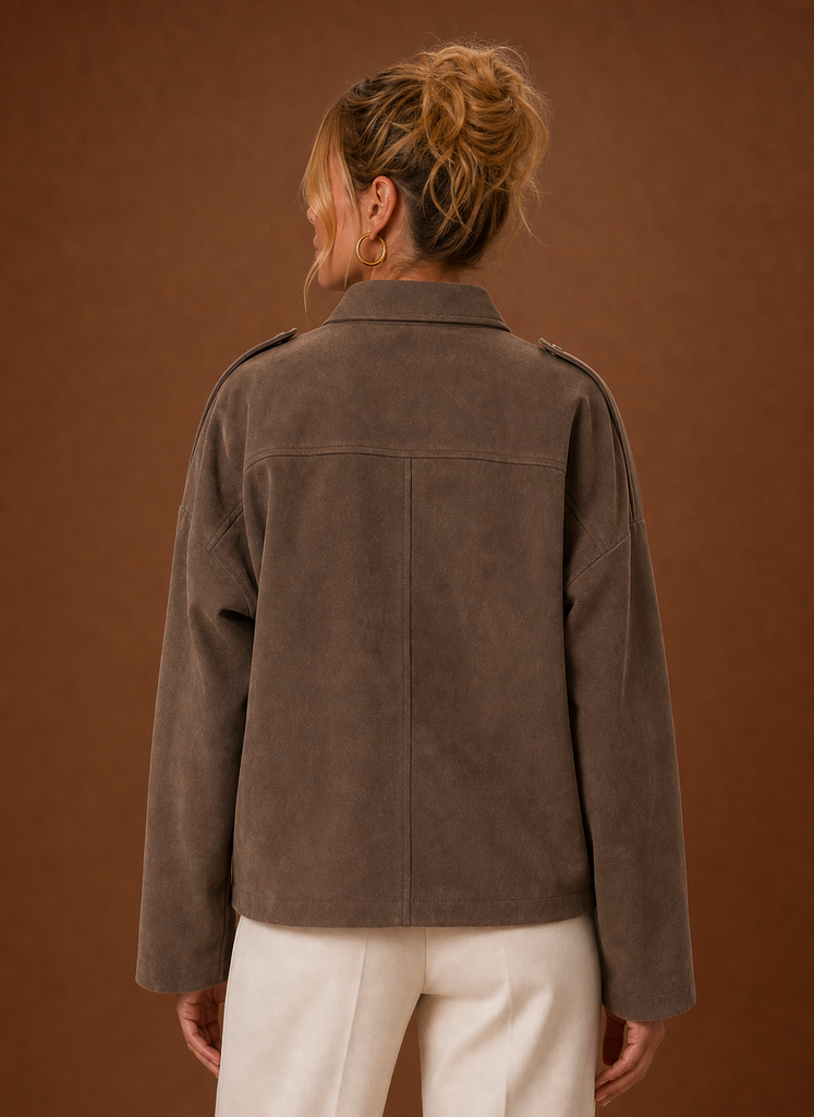 Women's oversized suede jacket featuring a relaxed fit, perfect for versatile layering in any season. 8