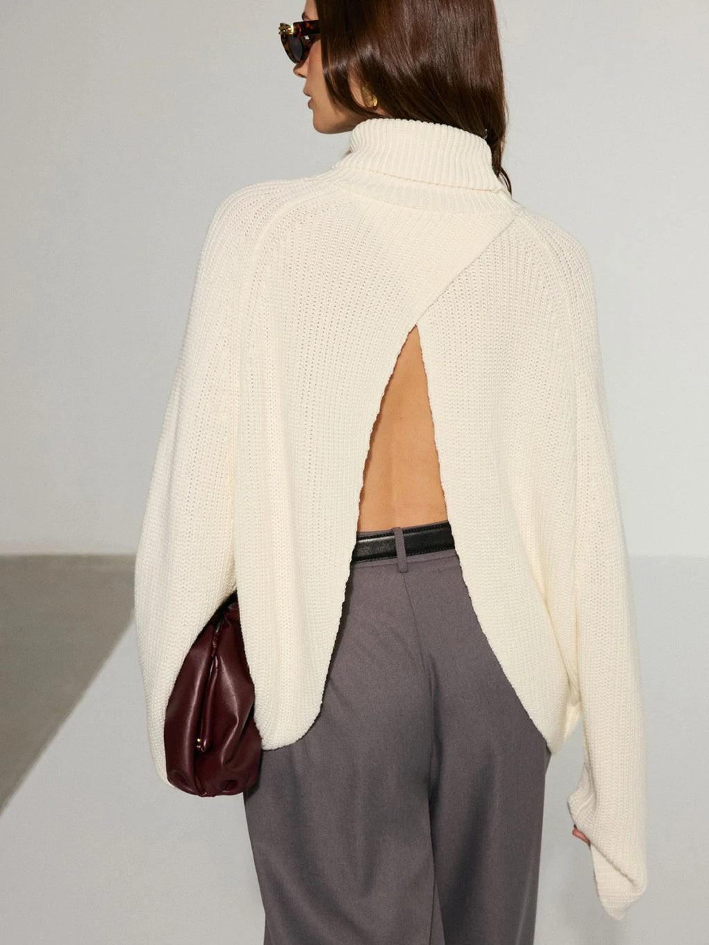 Women's Oversized Turtleneck Sweater with Open Back Detail 3