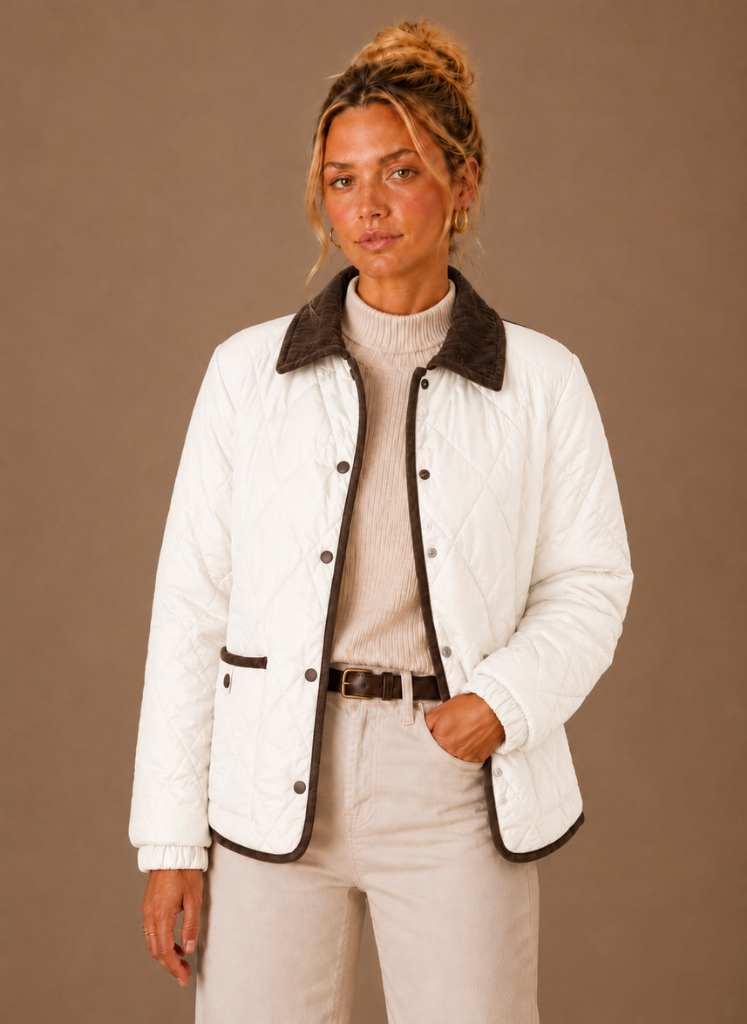 Women's Quilted Puffer Jacket featuring a stylish corduroy collar and convenient snap closure, perfect for chilly weather and casual outings. 0