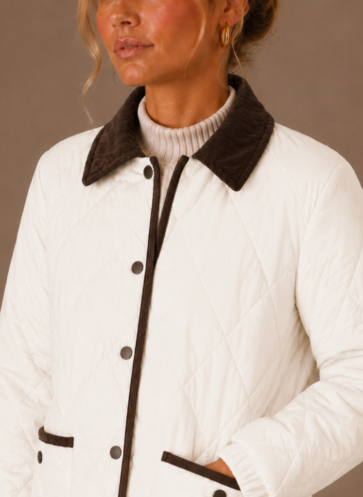 Women's Quilted Puffer Jacket featuring a stylish corduroy collar and convenient snap closure, perfect for chilly weather and casual outings. 1