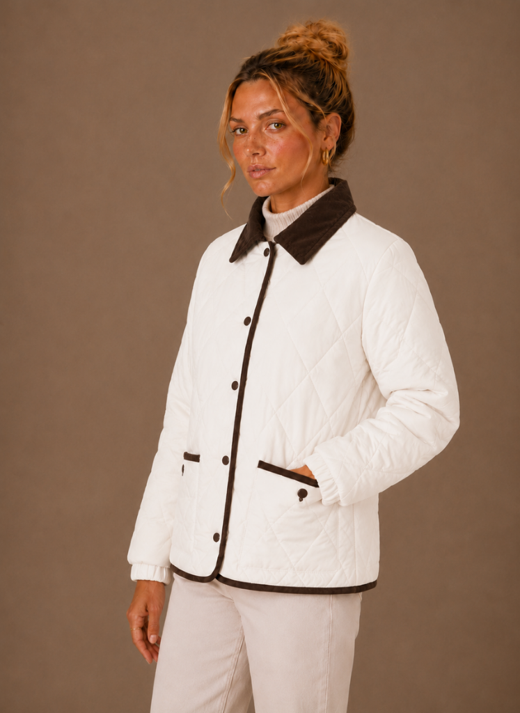 Women's Quilted Puffer Jacket featuring a stylish corduroy collar and convenient snap closure, perfect for chilly weather and casual outings. 2