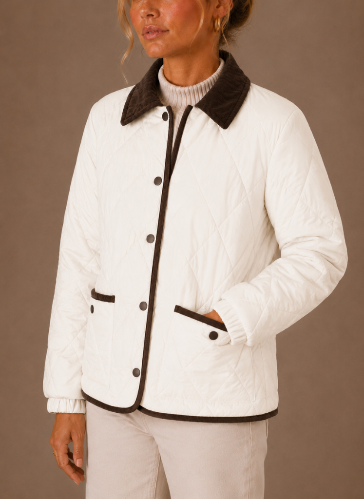 Women's Quilted Puffer Jacket featuring a stylish corduroy collar and convenient snap closure, perfect for chilly weather and casual outings. 3