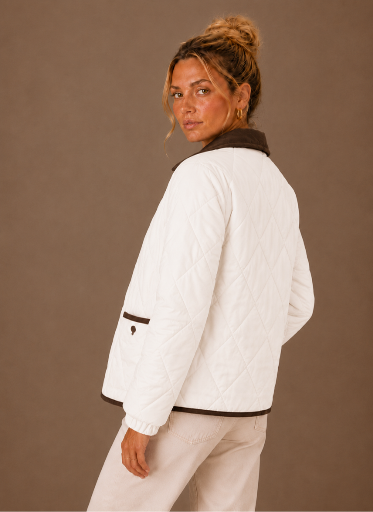 Women's Quilted Puffer Jacket featuring a stylish corduroy collar and convenient snap closure, perfect for chilly weather and casual outings. 4