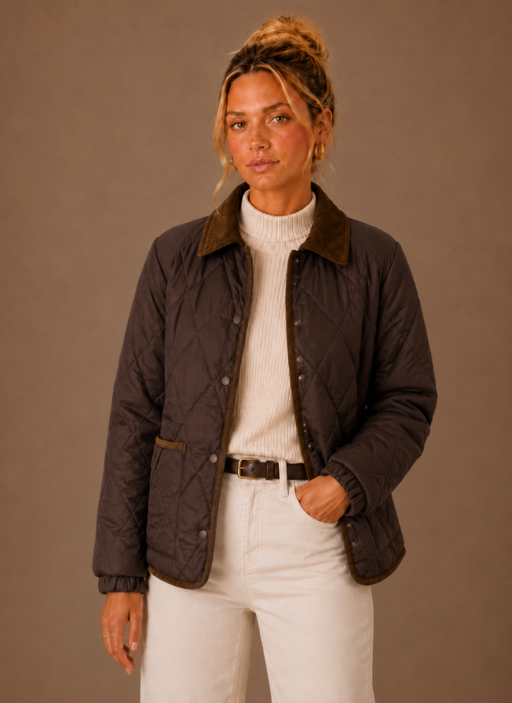 Women's Quilted Puffer Jacket featuring a stylish corduroy collar and convenient snap closure, perfect for chilly weather and casual outings. 5