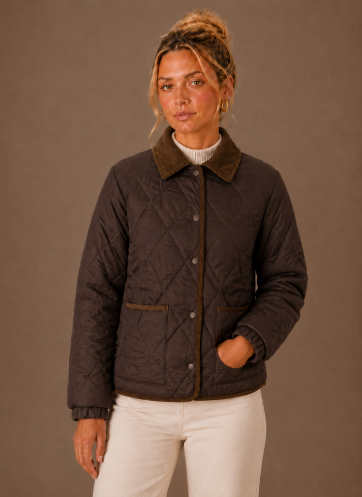 Women's Quilted Puffer Jacket featuring a stylish corduroy collar and convenient snap closure, perfect for chilly weather and casual outings. 6