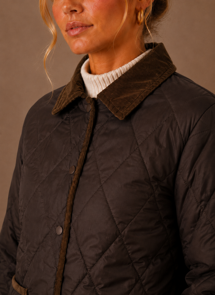 Women's Quilted Puffer Jacket featuring a stylish corduroy collar and convenient snap closure, perfect for chilly weather and casual outings. 7