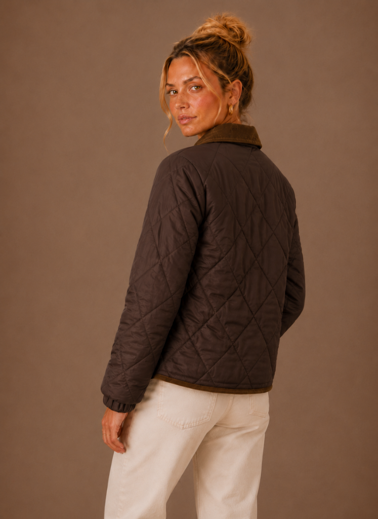 Women's Quilted Puffer Jacket featuring a stylish corduroy collar and convenient snap closure, perfect for chilly weather and casual outings. 8