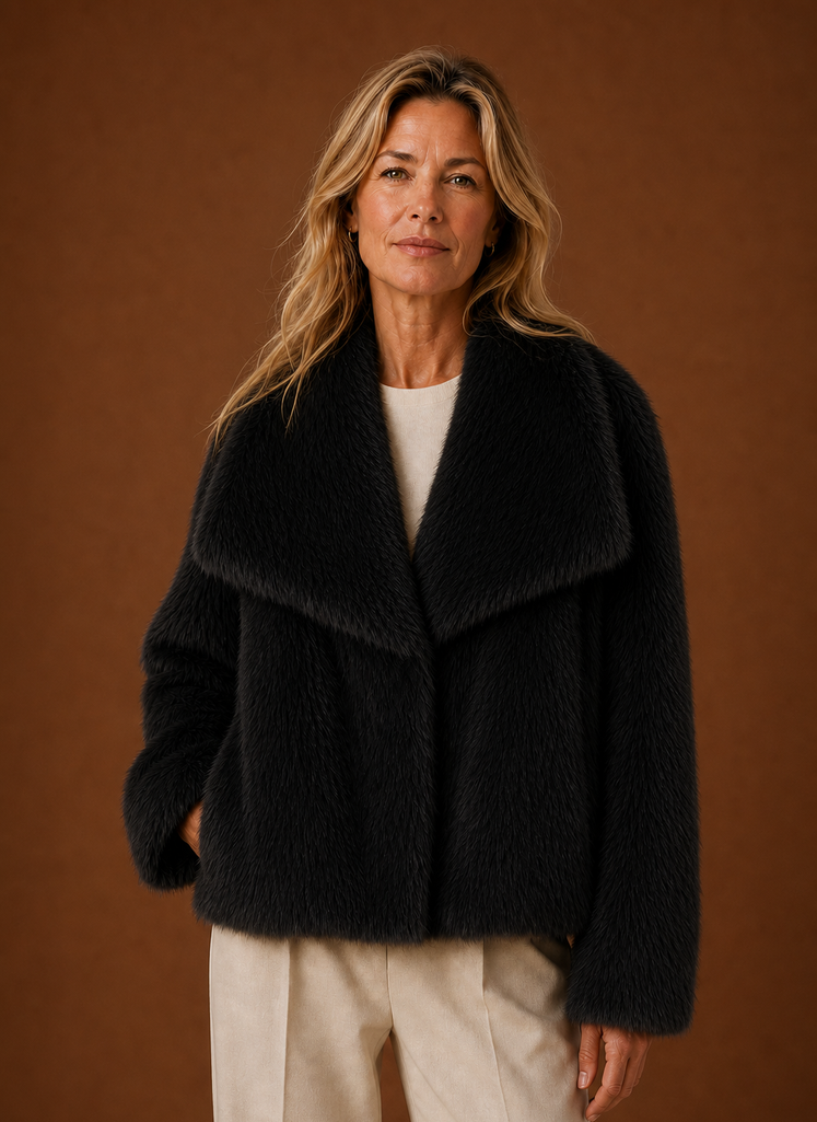 Women's relaxed fit faux fur winter coat designed for cold weather, featuring a stylish and cozy design with a soft fur texture, ideal for warmth and comfort during 1