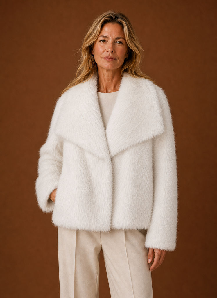 Women's relaxed fit faux fur winter coat designed for cold weather, featuring a stylish and cozy design with a soft fur texture, ideal for warmth and comfort during 2