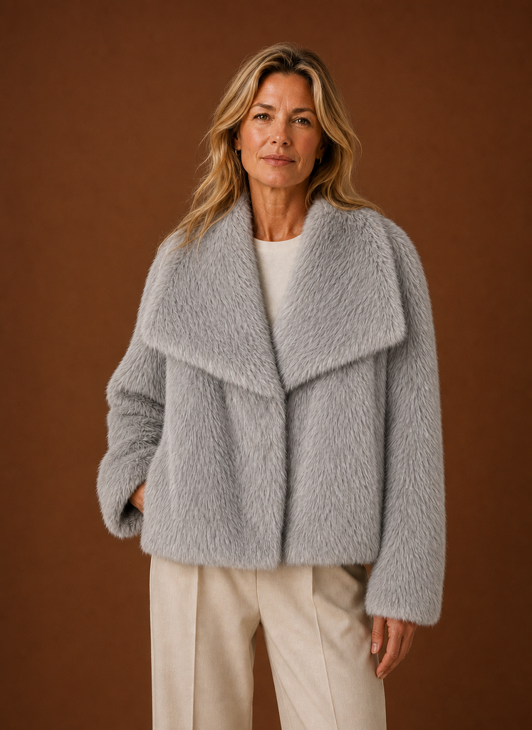 Women's relaxed fit faux fur winter coat designed for cold weather, featuring a stylish and cozy design with a soft fur texture, ideal for warmth and comfort during 3