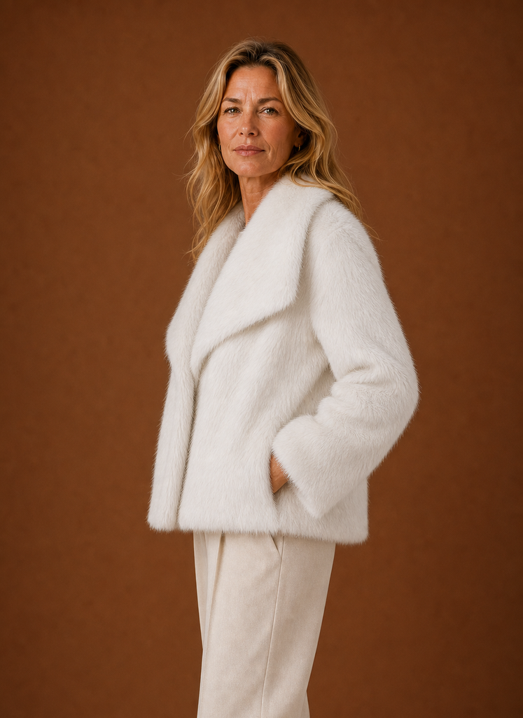 Women's relaxed fit faux fur winter coat designed for cold weather, featuring a stylish and cozy design with a soft fur texture, ideal for warmth and comfort during 7
