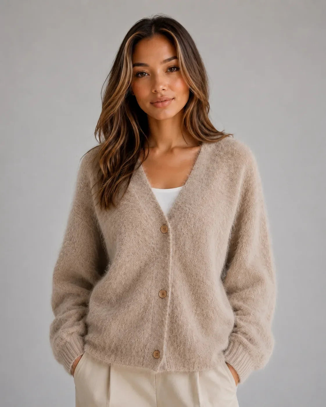 Women's Relaxed Fit Fluffy Cardigan with Button Closure 0