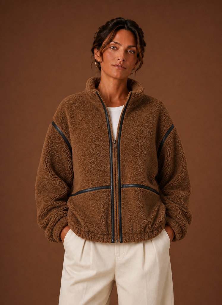 Women's Sherpa zip-up fleece jacket featuring cozy patch pockets, perfect for layering in cold weather. 1