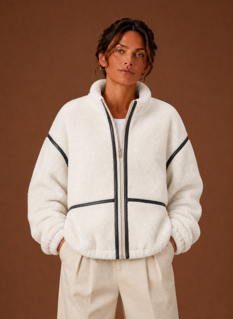 Women's Sherpa zip-up fleece jacket featuring cozy patch pockets, perfect for layering in cold weather. 2