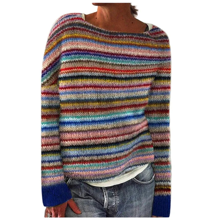 Women's Striped Round Neck Sweater with Comfortable Fit 0