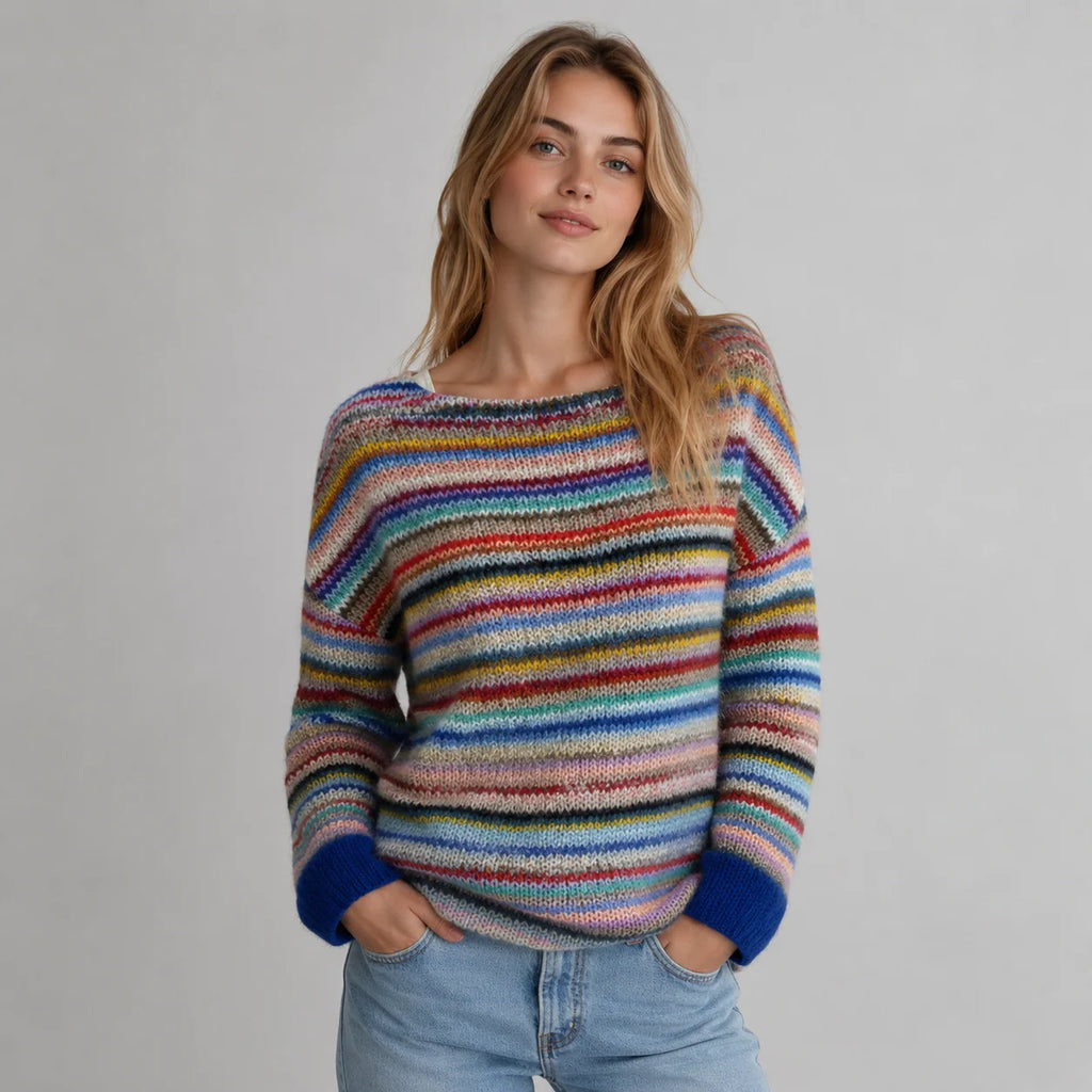 Women's Striped Round Neck Sweater with Comfortable Fit 1