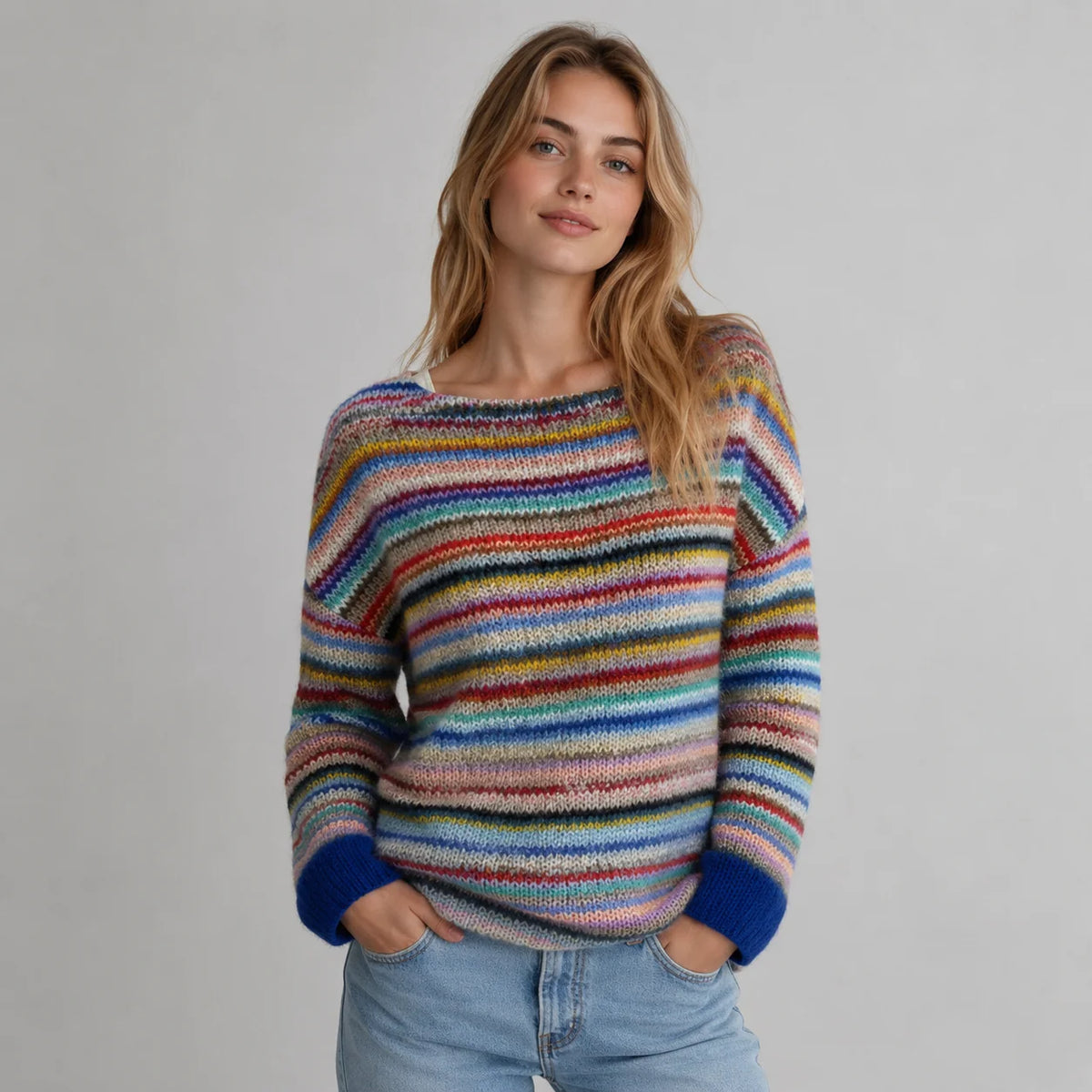 Women's Striped Round Neck Sweater with Comfortable Fit 1