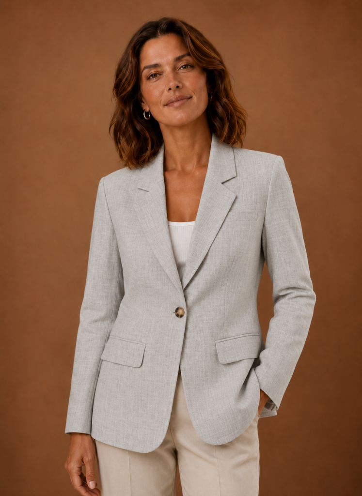 Elegant women's tailored black blazer featuring a sophisticated single-button closure, ideal for professional and formal occasions. 0