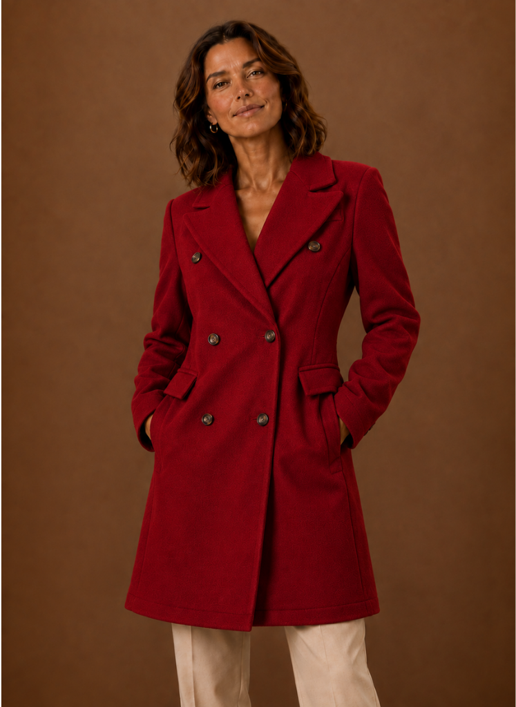 Women's tailored double-breasted wool coat in a classic design, perfect for winter fashion, featuring a chic silhouette and warm fabric. 0