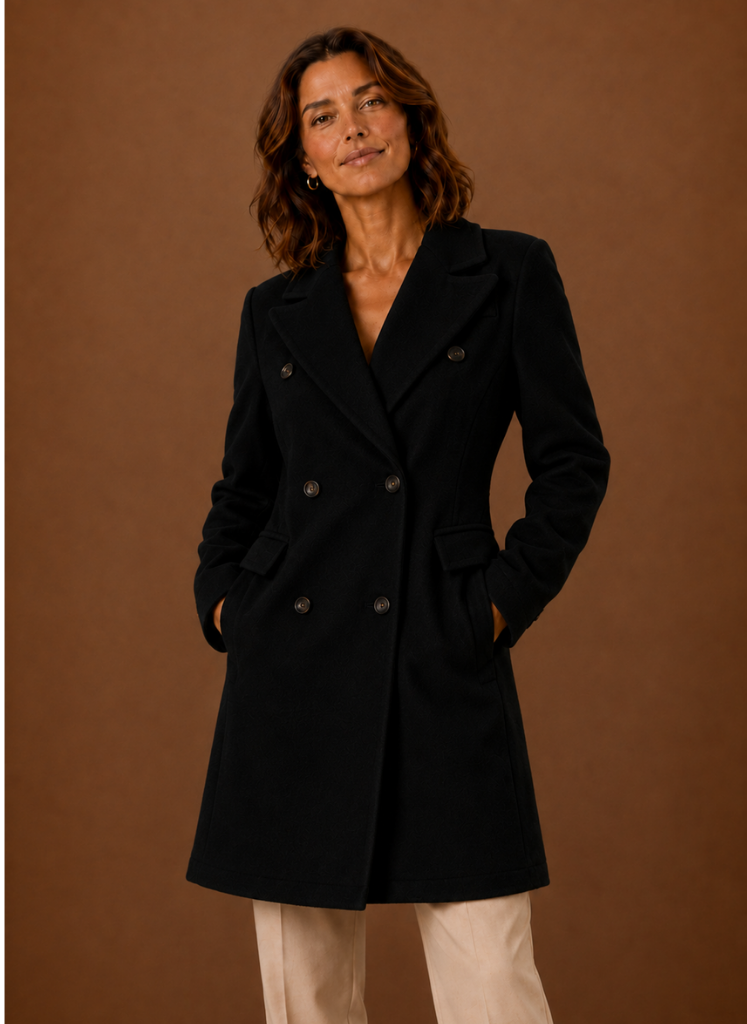 Women's tailored double-breasted wool coat in a classic design, perfect for winter fashion, featuring a chic silhouette and warm fabric. 3