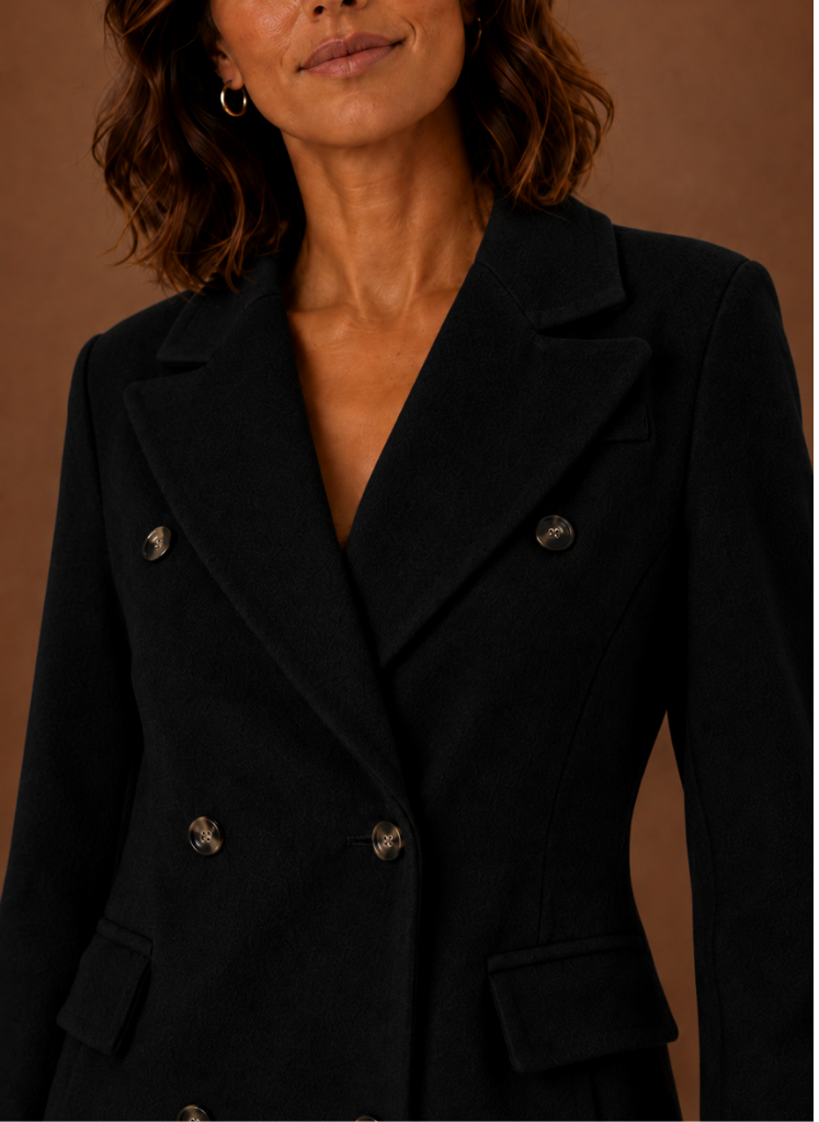 Women's tailored double-breasted wool coat in a classic design, perfect for winter fashion, featuring a chic silhouette and warm fabric. 4