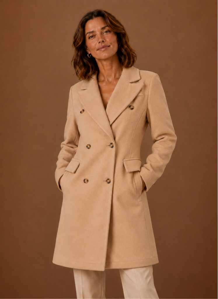 Women's tailored double-breasted wool coat in a classic design, perfect for winter fashion, featuring a chic silhouette and warm fabric. 6
