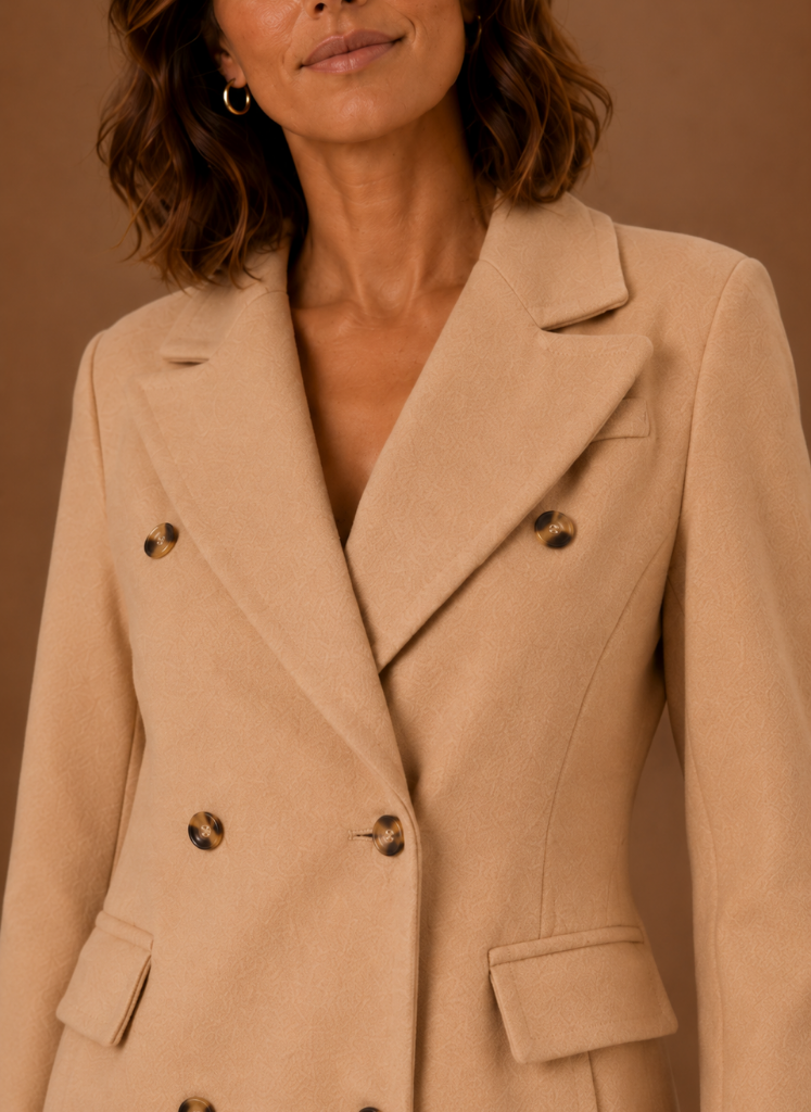 Women's tailored double-breasted wool coat in a classic design, perfect for winter fashion, featuring a chic silhouette and warm fabric. 7