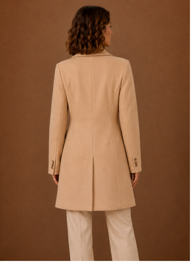 Women's tailored double-breasted wool coat in a classic design, perfect for winter fashion, featuring a chic silhouette and warm fabric. 8