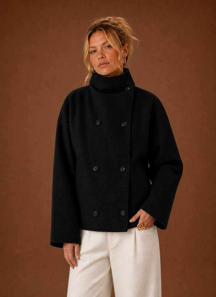 Women's tailored funnel neck jacket in a stylish design, perfect for versatile layering in any season, featuring a flattering fit and high-quality material. 1