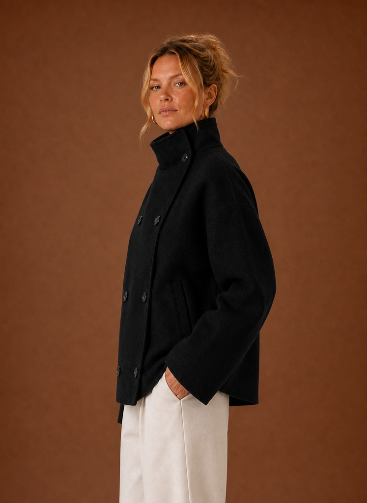 Women's tailored funnel neck jacket in a stylish design, perfect for versatile layering in any season, featuring a flattering fit and high-quality material. 5