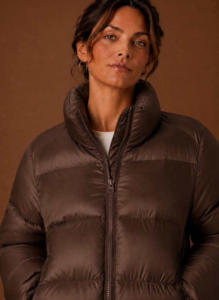 Women's tailored quilted puffer jacket in stylish design, perfect for fall and winter warmth and fashion. 3