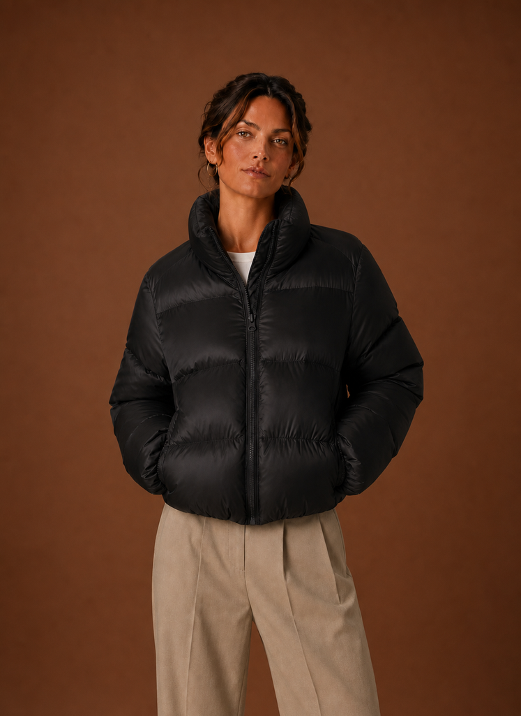 Women's tailored quilted puffer jacket in stylish design, perfect for fall and winter warmth and fashion. 4