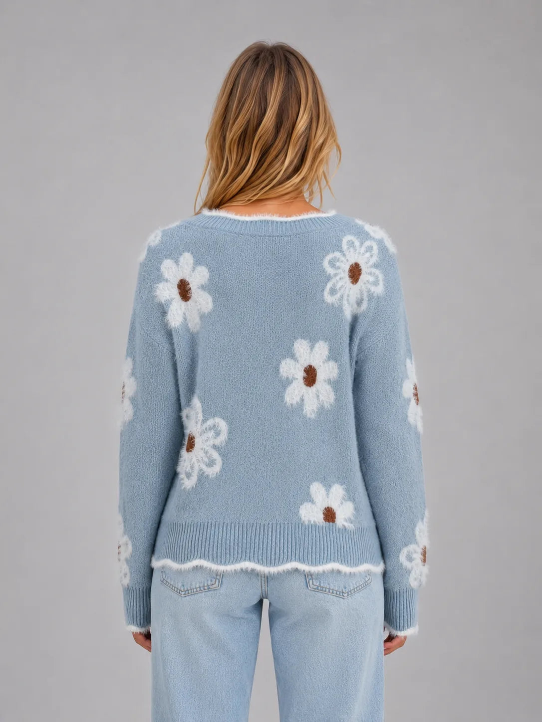 Women's V-Neck Knitted Sweater with Floral Pattern 1